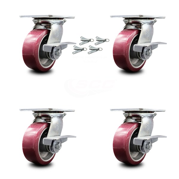 5 Inch Poly on Aluminum Caster Set with Roller Bearings and Brakes/Swivel Locks